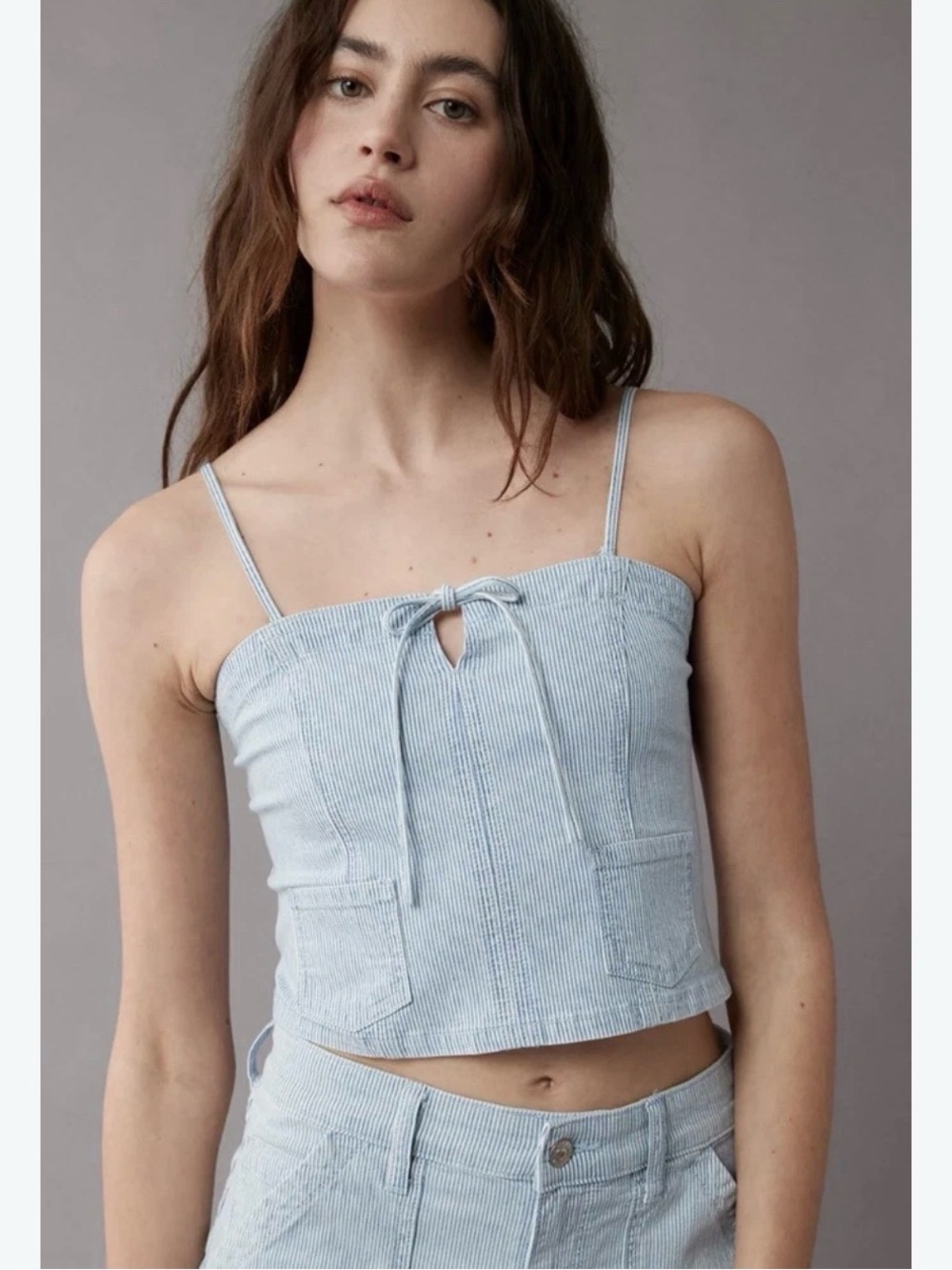 American Eagle Outfitters White & Blue Pinstripe Spaghetti Strap Crop Top